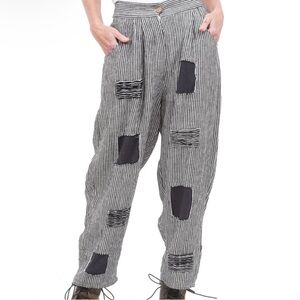 Paper Lace Black White Striped 100% Linen Patchwork Boho Tapered Pants S